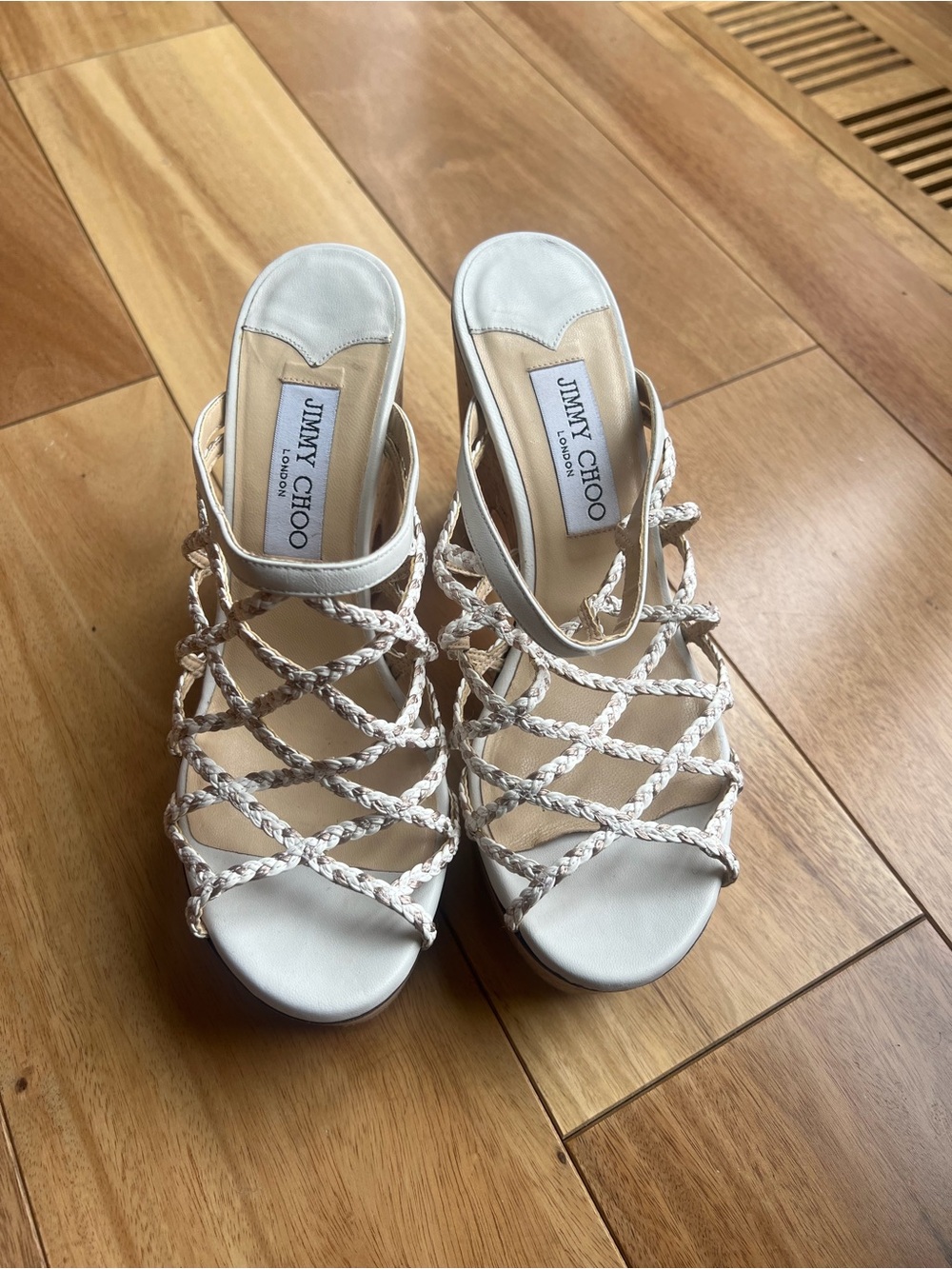Jimmy Choo White Braided Cage Heeled Sandals (Dalina)